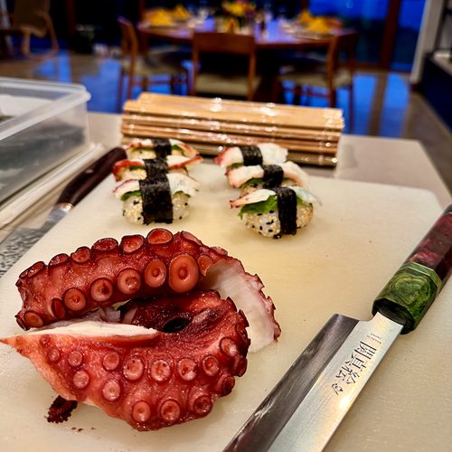 Octopus and nigiri prepared for a sushi dinner