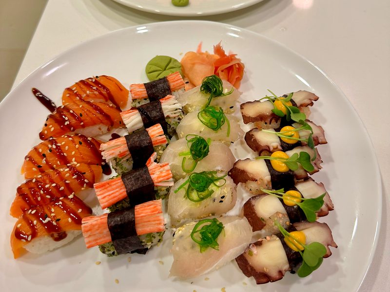 A platter of nigiri for a sushi dinner